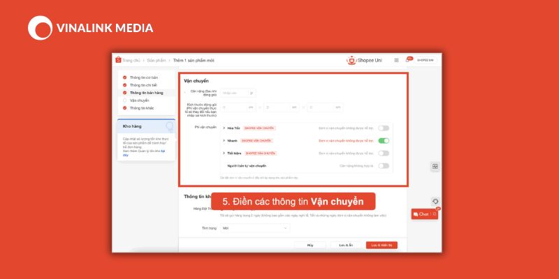 Bước 5: Điền mục vận chuyển sản phẩm